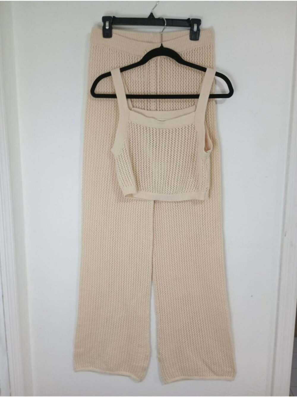 Willow & Wind Beige Knit Crop Top Wide-Leg Pants Set Sz L Lightweight Breathable